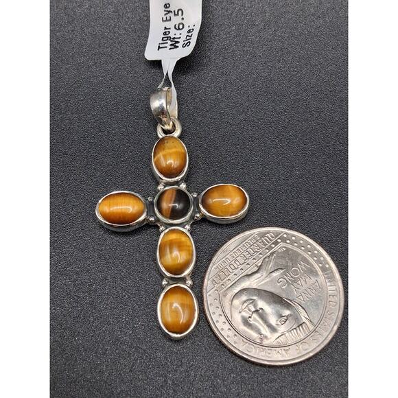 Cross Pendant, Tigers Eye, 925 SS, Men or Women, Closed Back, Boho, Spiritual - Picture 3 of 8